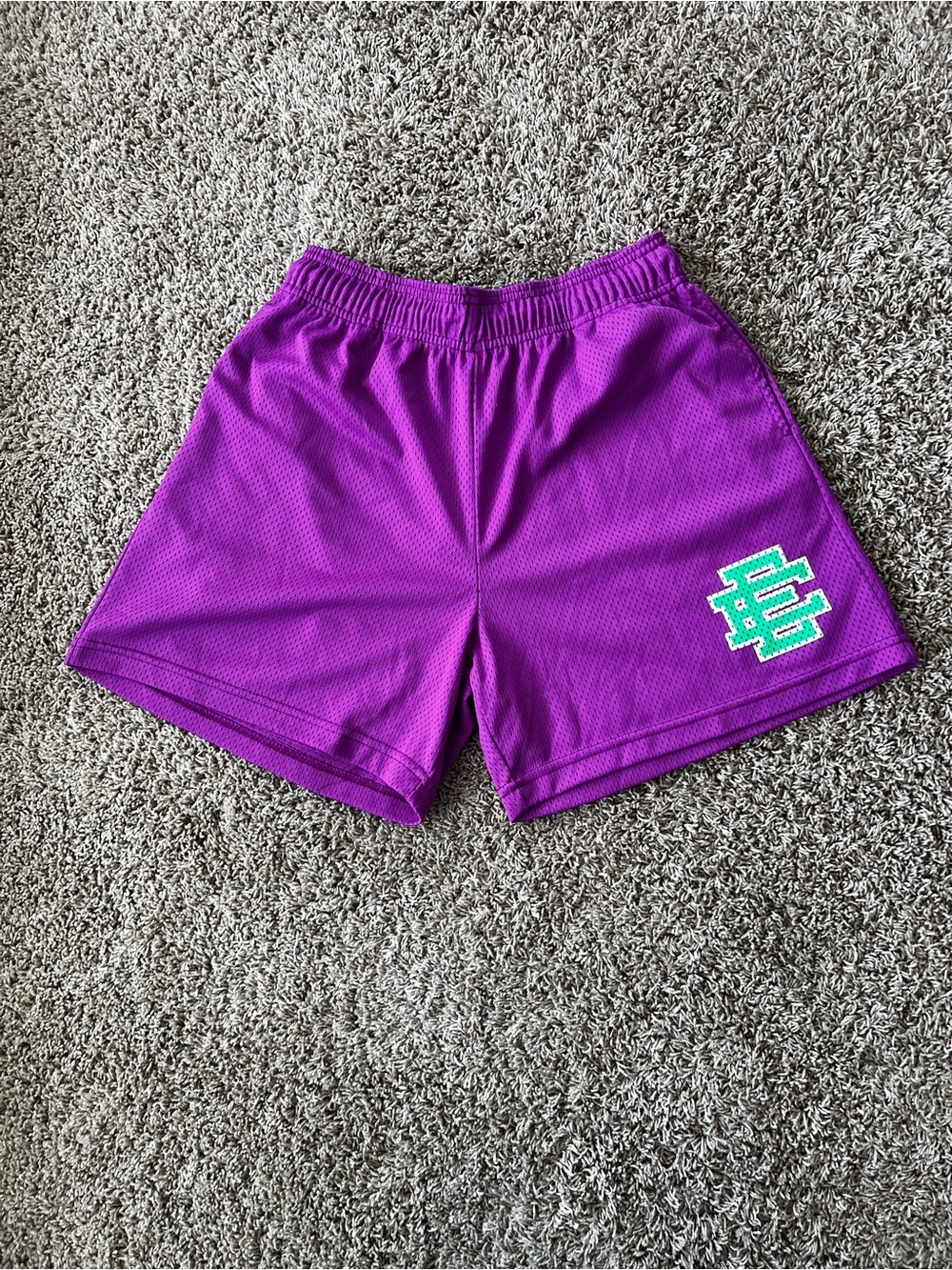 Eric Emanuel Purple Mesh Athletic Shorts with Teal Logo